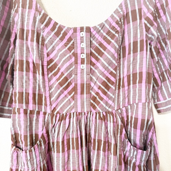 NEW Free People Tulie Plaid Midi Button Front Puff Sleeve Dress Pink Brown Combo - Picture 10 of 10